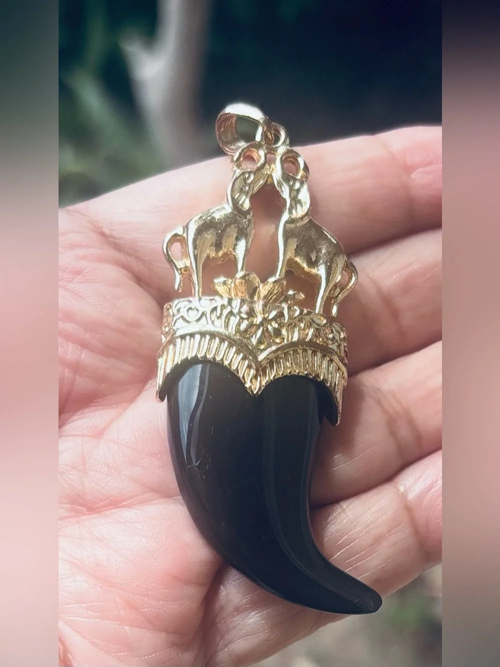 Black Horn Pendant Necklace with Gold Elephant Accent - Men's Jewelry